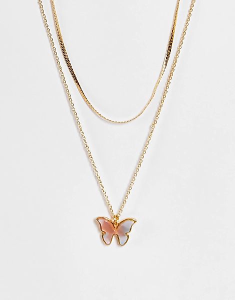 DesignB London – Mehrreihige Halskette in Gold mit marmoriertem Schmetterli günstig online kaufen