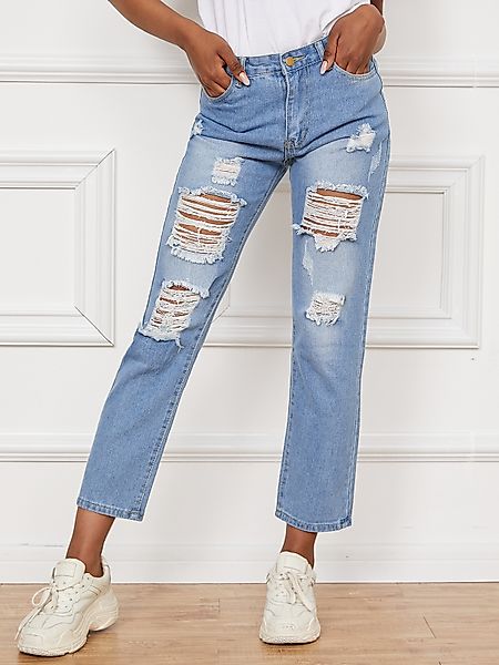 Hellblaue Jeans mit seitlichen Taschen und zufälligen Rissen günstig online kaufen