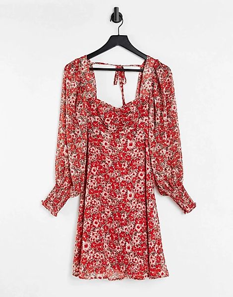 New Look – Vintage – Minikleid in Rot geblümt mit Bindebändern günstig online kaufen