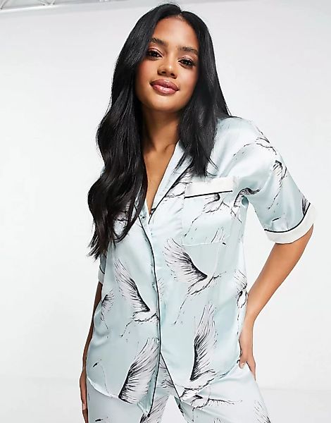 River Island – Pyjama-Hemd aus Satin in Blau mit Vogelprint, Kombiteil günstig online kaufen