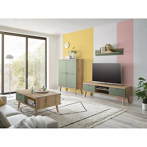 Wohnwand in Eiche mit grün AVEZZANO-61 Modern 4-teilig, inkl. Couchtisch günstig online kaufen