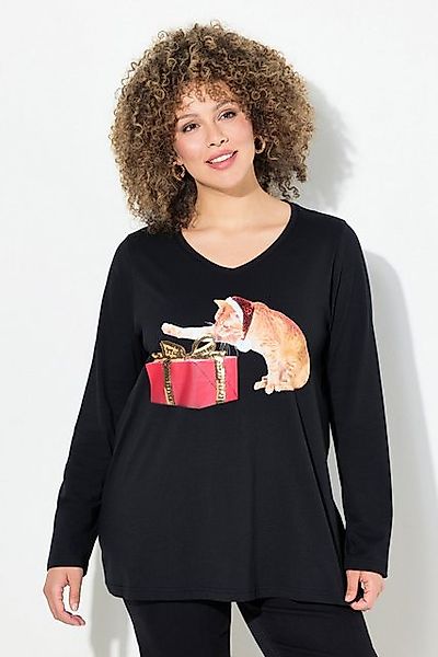 Ulla Popken Longsleeve Weihnachtsshirt Katze A-Linie V-Ausschnitt Langarm günstig online kaufen