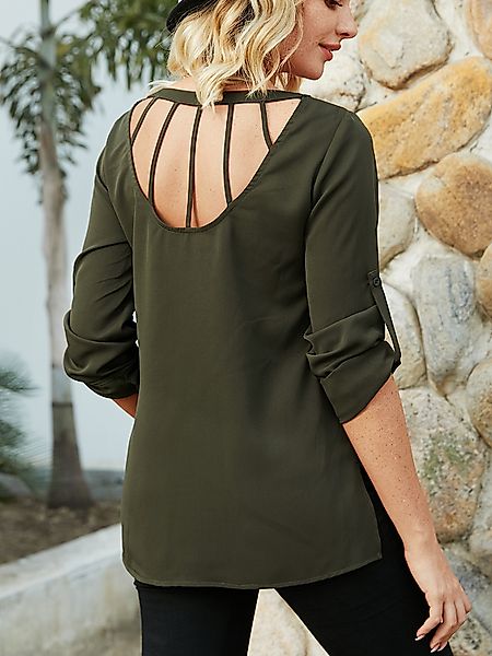 YOINS Army Green Backless Design Bluse mit langen Ärmeln und rundem Hals günstig online kaufen