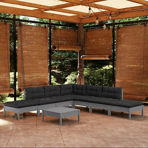 8-tlg. Garten-lounge-set Mit Kissen Grau Kiefernholz günstig online kaufen