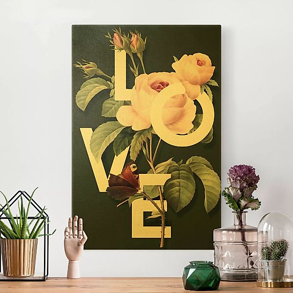 Leinwandbild Gold Florale Typografie - Love günstig online kaufen
