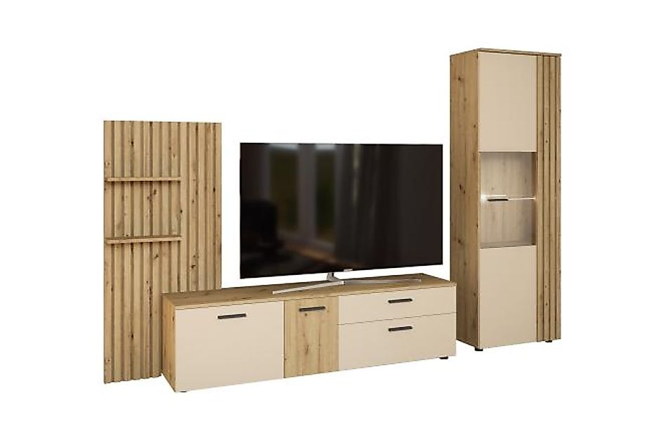 Anbauwand  3-tlg. inkl. Beleuchtung Sandgrau / Marvella OAK günstig online kaufen