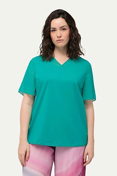 Ulla Popken Rundhalsshirt T-Shirt Chiffon-Blende V-Ausschnitt günstig online kaufen