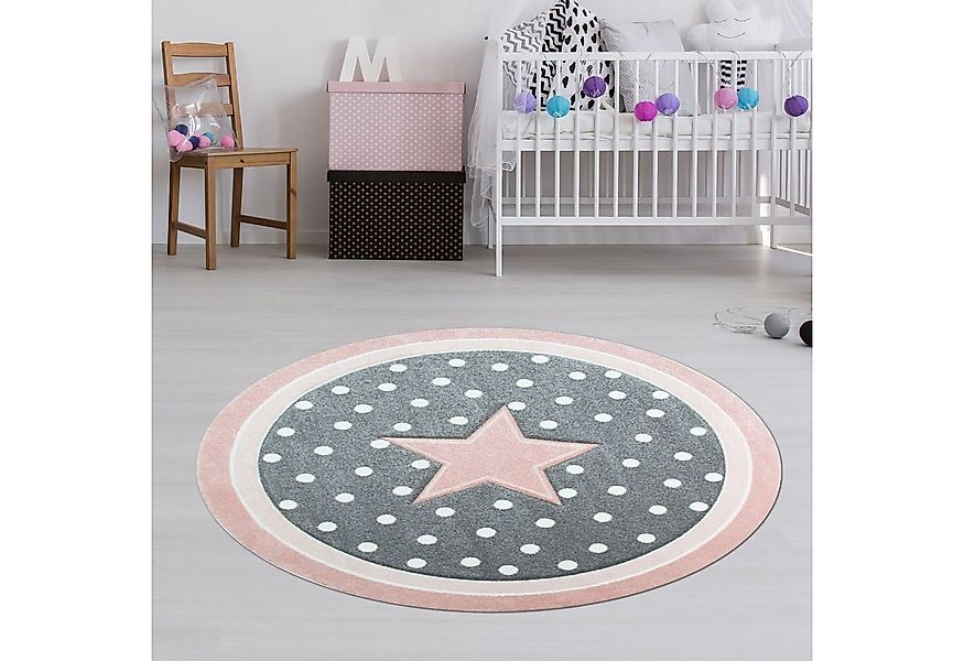 TeppichHome24 Kinderteppich Kinderteppich rund mit Stern in Rosa Grau Weiss günstig online kaufen