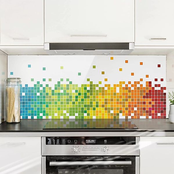 Glas Spritzschutz Muster & Textur - Panorama Pixel-Regenbogen günstig online kaufen
