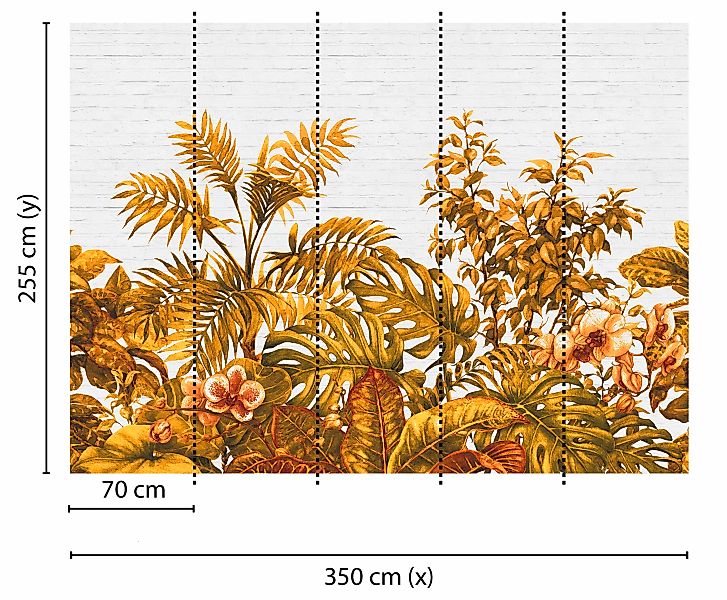 Fototapete Dschungel Palmen Steinwand Orange Weiß 3,50 m x 2,55 m FSC® günstig online kaufen