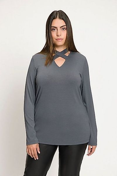 Ulla Popken Rundhalsshirt Shirt Zierbänder V-Ausschnitt Langarm günstig online kaufen