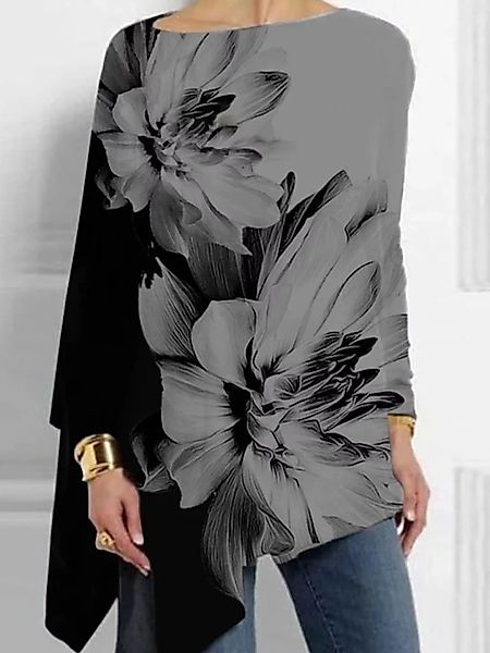 Asymmetrisch geteilter Saum Blumen Druck Plus Größe Bluse günstig online kaufen