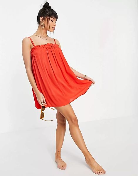ASOS DESIGN – Gesmoktes Mini-Strandkleid in Rot günstig online kaufen