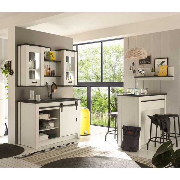 Weiße Landhaus Küche sechsteilig Arbeitsfläche Anthrazit (sechsteilig) günstig online kaufen