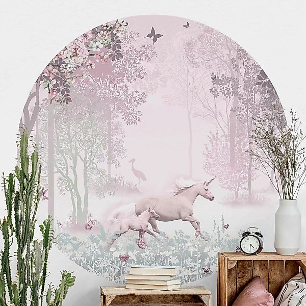 Runde Fototapete Einhorn auf Blumenwiese in Rosa günstig online kaufen