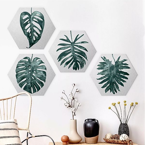 4-teiliges Hexagon-Alu-Dibond Bild Smaragdgrüne Blätter Set I günstig online kaufen