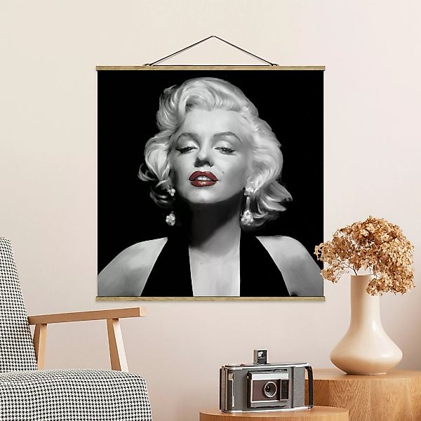 Stoffbild Kunstdruck mit Posterleisten - Quadrat Marilyn mit roten Lippen günstig online kaufen