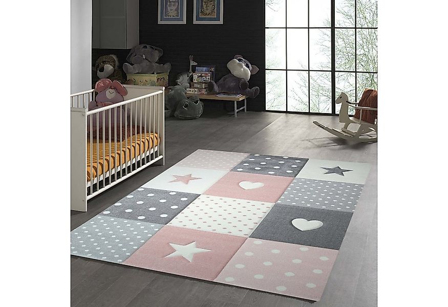 TeppichHome24 Kinderteppich Kinderteppich mit Herz Stern in Rosa Weiss Grau günstig online kaufen