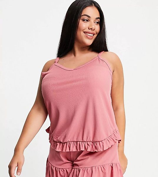 Yours – Geripptes Camisole-Pyjamaoberteil in Rosa mit Rüschen günstig online kaufen