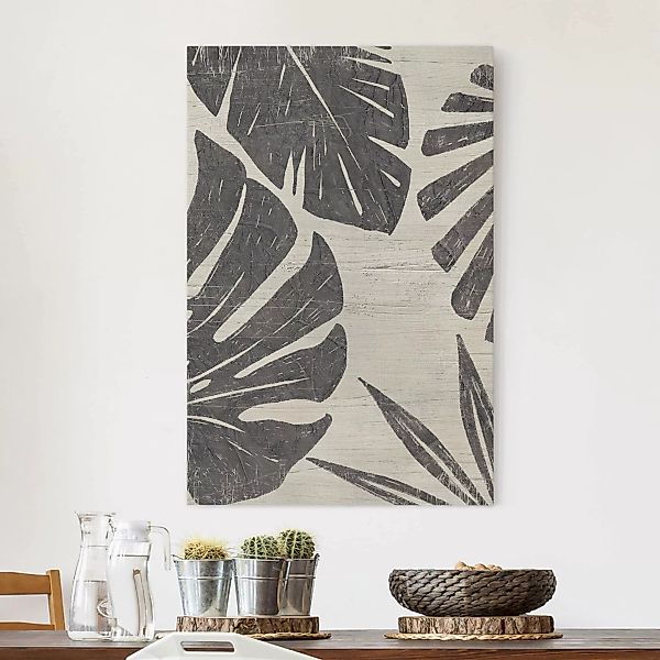 Leinwandbild Botanik - Hochformat Palmenblätter vor Hellgrau günstig online kaufen
