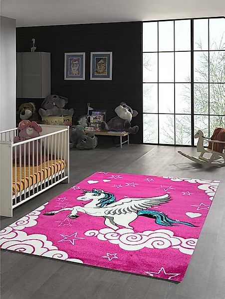 TeppichHome24 Kinderteppich Kinderteppich Einhorn mit Pink Creme Türkis, re günstig online kaufen