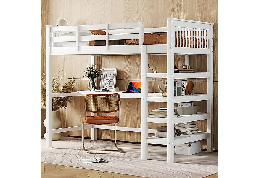 Merax Hochbett mit Schreibtisch und Bücherregal Etagenbett 90x200 cm mit Tr günstig online kaufen