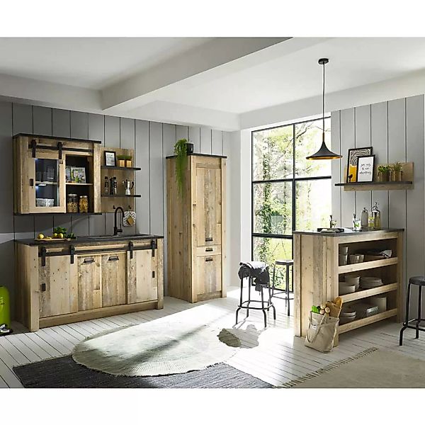 Landhaus Stil Küchenmöbel in Holzoptik verwittert Anthrazit (sechsteilig) günstig online kaufen
