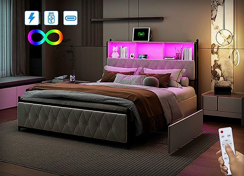 FUROKOY Polsterbett Doppelbett Stauraumbett mit USB+Type günstig online kaufen