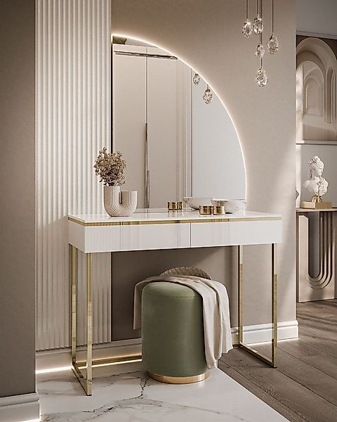 ALLHOUSE24 Schminktisch PEONY MOND GOLD Metallgestell weiß Hochglanz mit Sp günstig online kaufen