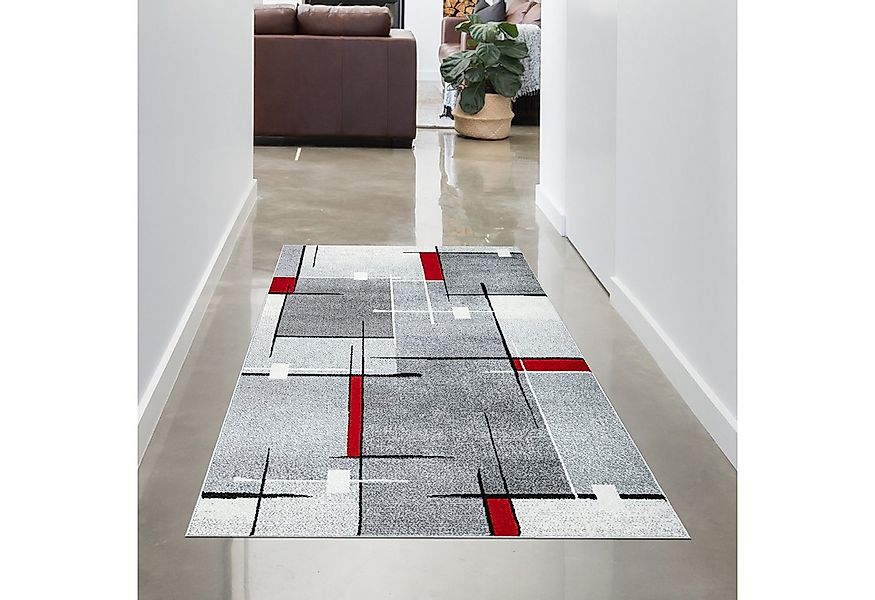 Carpetia Teppich Designerteppich mit grafischem Muster – Grau, Rot & Weiß, günstig online kaufen