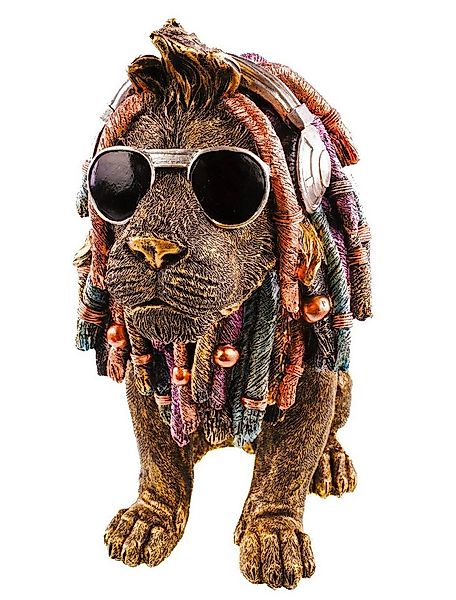 Kremers Schatzkiste Dekofigur Löwe Gold 37cm Rasta Mähne Sonnenbrille Kopfh günstig online kaufen