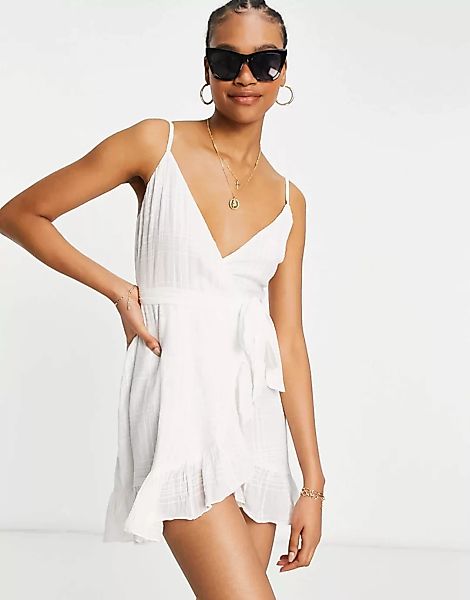 ASOS DESIGN – Mini-Sommerkleid in Weiß mit Wickel-Design, Bindeband und gle günstig online kaufen