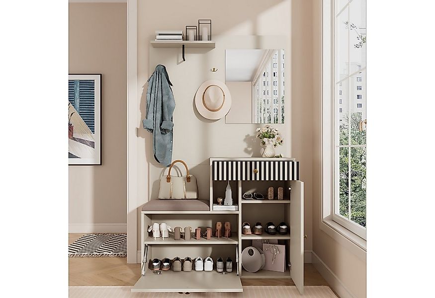 KLAM HOME Garderoben-Set Garderobenset mit Spiegel und Polsterkissen 110x18 günstig online kaufen