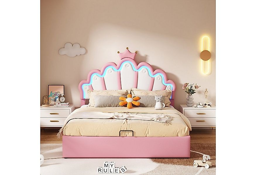 Flieks Polsterbett, LED Kinderbett Doppelbett mit krone-Form Prinzessinnenb günstig online kaufen