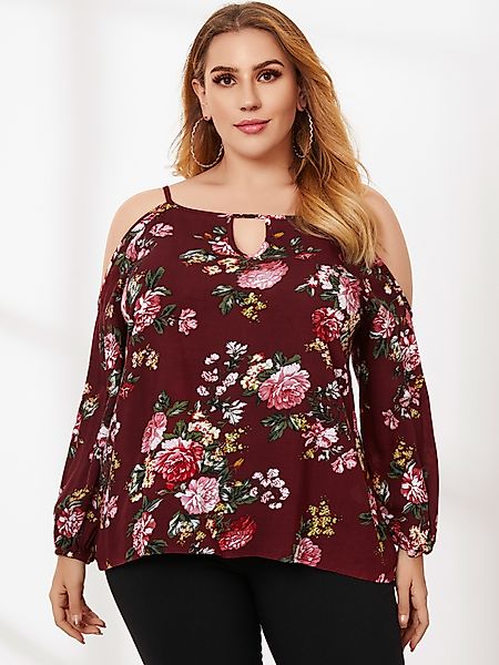 Plus Size Cold Shoulder Blumendruck Bluse mit Ausschnitten und langen Ärmel günstig online kaufen