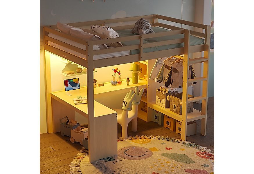 Flieks Hochbett Kinderbett Holzbett 140x200cm mit LED & USB, Schreibtisch, günstig online kaufen