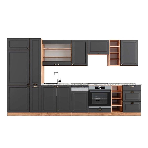 Vicco Fame-Line Küchenzeile Anthrazit Landhaus/Goldkraft Eiche 355 cm AP Ma günstig online kaufen
