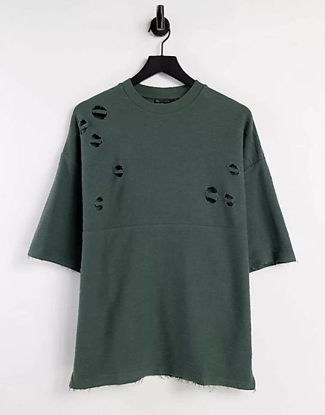 ASOS DESIGN – T-Shirt in Oversize, verwaschenem Khaki und Used-Look-Grün günstig online kaufen