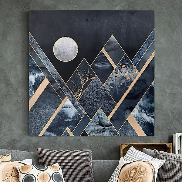 Leinwandbild Abstrakt - Quadrat Goldener Mond abstrakte schwarze Berge günstig online kaufen