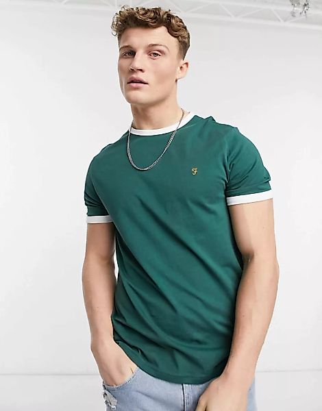 Farah – Groves – T-Shirt aus Bio-Baumwolle mit Ringerdesign in Grün günstig online kaufen