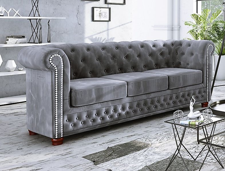 S-Style Möbel Chesterfield-Sofa Leeds, 3-Sitzer aus Samt-Stoff mit Holzfüße günstig online kaufen