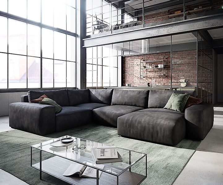 Wohnlandschaft Lanzo 300x210 cm Lederimitat Vintage Anthrazit Recamiere var günstig online kaufen