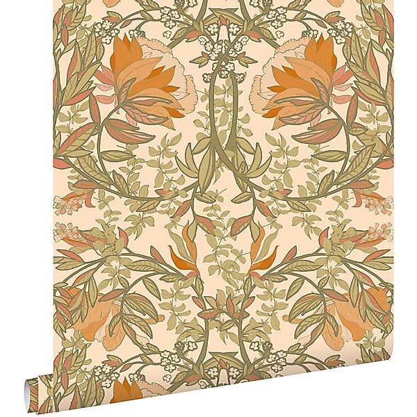 ESTAhome Tapete Blumenmuster im Jugendstil Grün und Orange 50 x 900 cm günstig online kaufen