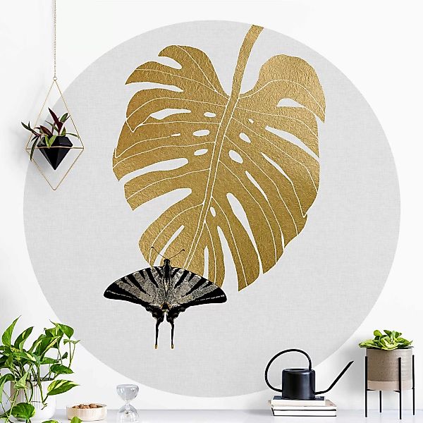 Runde Fototapete Goldene Monstera mit Schmetterling günstig online kaufen