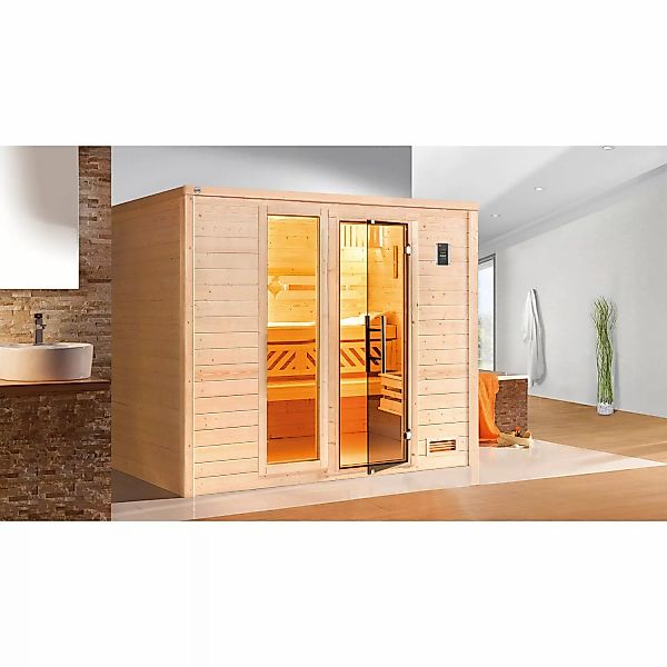 Weka Massivholzsauna Bergen 3 Sparset 9 kW Kompakt Glastür/Fenster günstig online kaufen