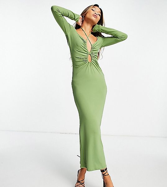 Bershka – Kleid mit rundem Zierausschnitt in Khaki-Grün günstig online kaufen