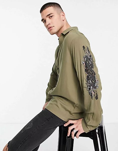 Topman – Hemd in Khaki mit aufgesticktem Drachen-Grün günstig online kaufen