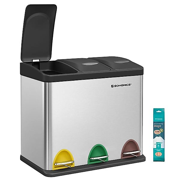 Songmics Mülleimer Petaja 3 Fächer x 8, Silber-Schwarz günstig online kaufen