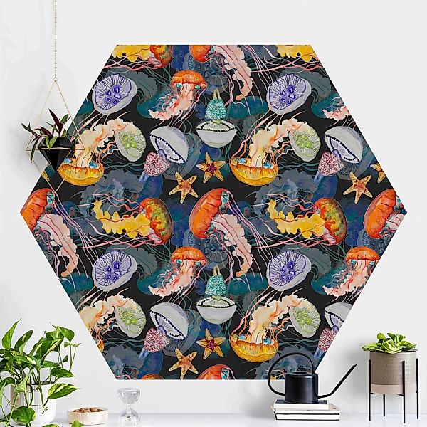 Hexagon Mustertapete selbstklebend Farbenfrohe Quallen günstig online kaufen