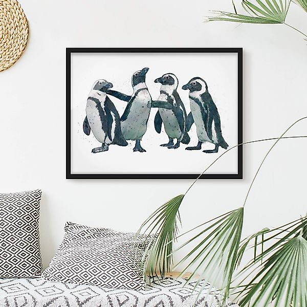 Bild mit Rahmen - Querformat Illustration Pinguine Schwarz Weiß Aquarell günstig online kaufen